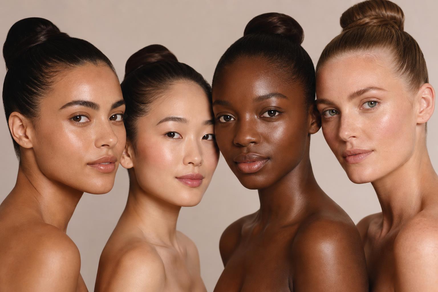 Four women with fresh natural complexions and slicked-back hair